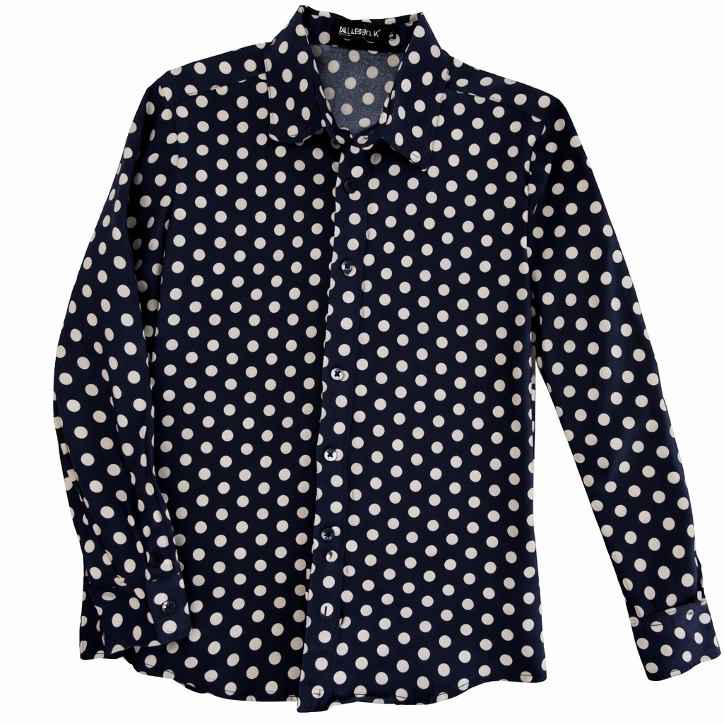 Allegra K Button Down Shirt Navy Blue White Polka Dot Size M